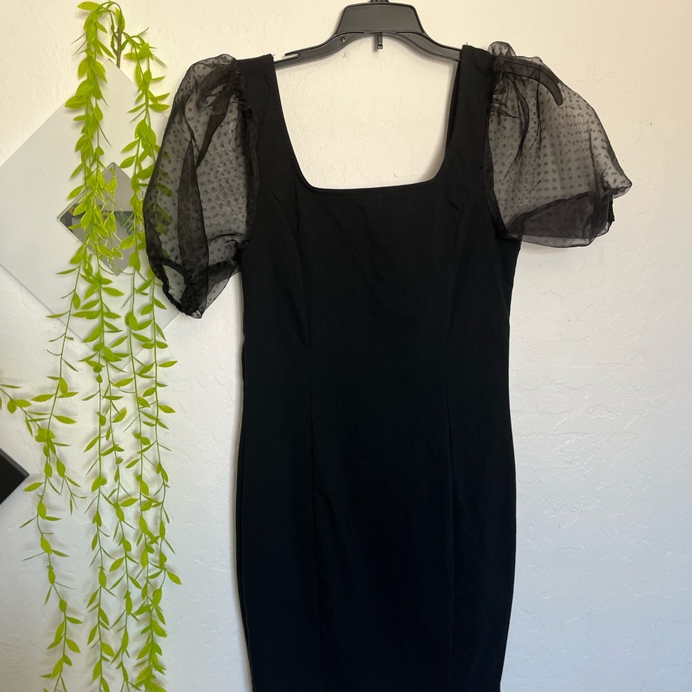 Mini Black Dress with Sheer Puff Sleeves